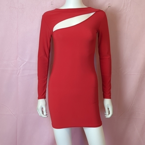 PrettyLittleThing Red Slinky Long Sleeve Bodice Cut Out Bodycon Dress size 4 - Picture 1 of 6